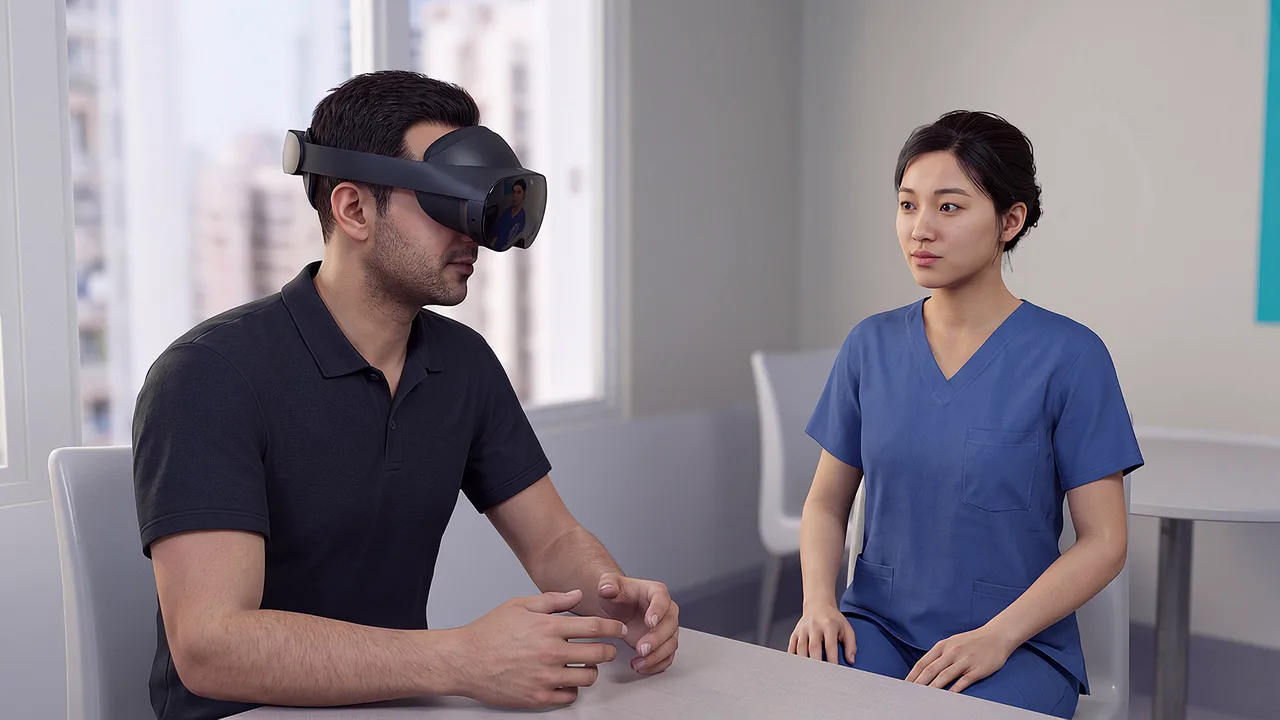 A nurse educator briefs a nursing student in a simulation laboratory, one of them wearing a headset.