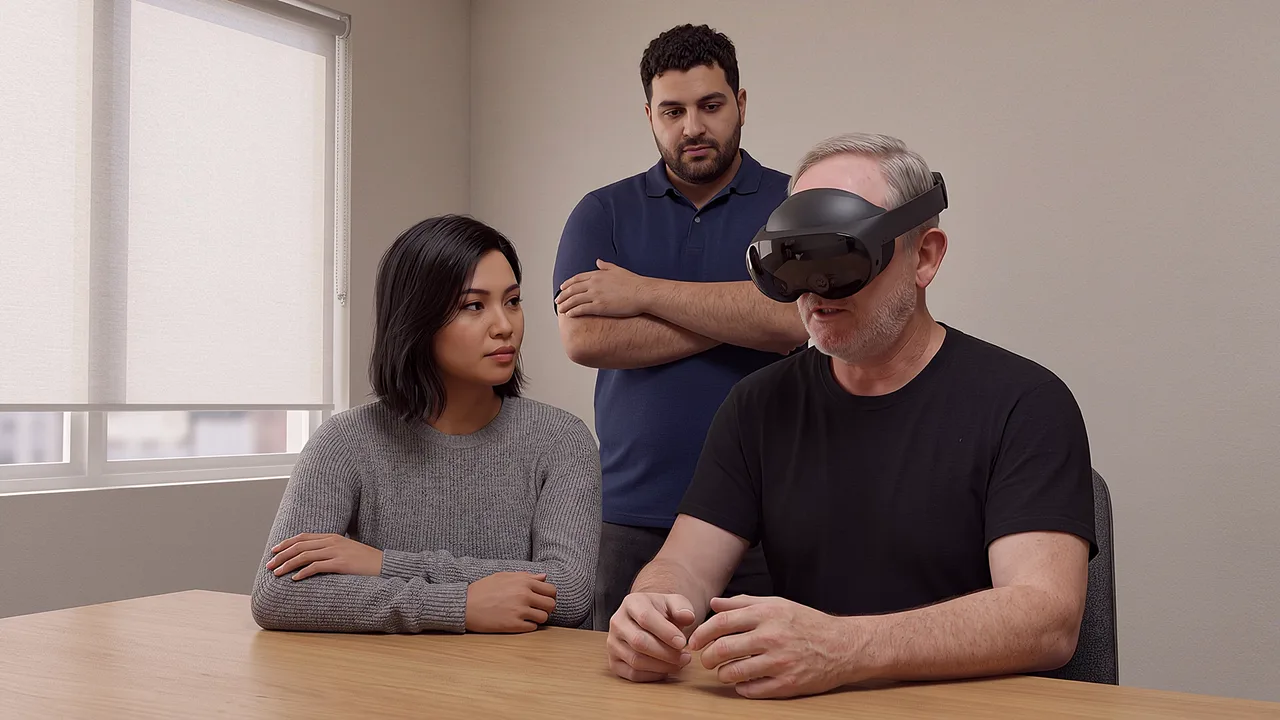 A supervisor talks with a student and visitor. A VR training scenario for education.
