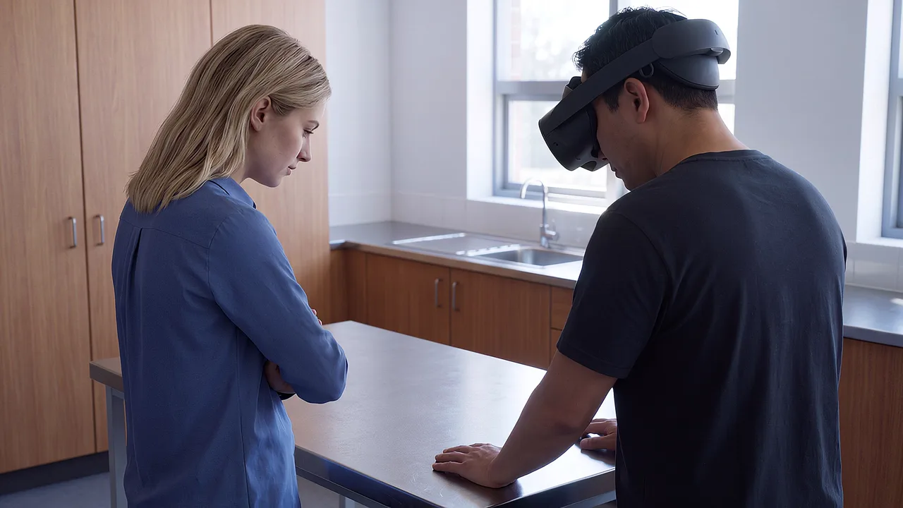 A technician and a teacher share a bench. A VR training scenario for education.