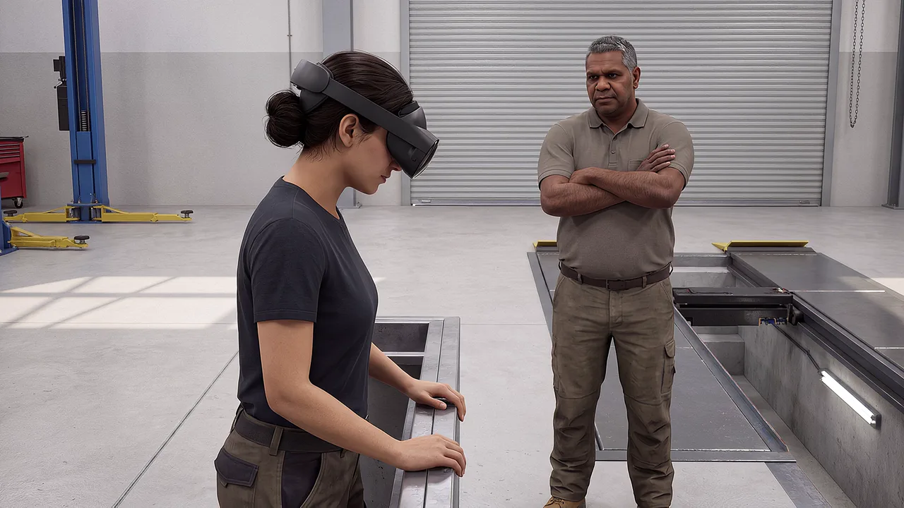 An instructor watches an apprentice at the bay. A VR training scenario for education.