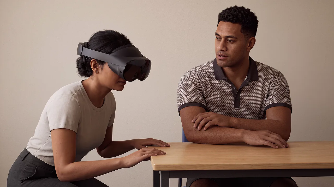 A teacher crouches to talk with a student. A VR training scenario for education.