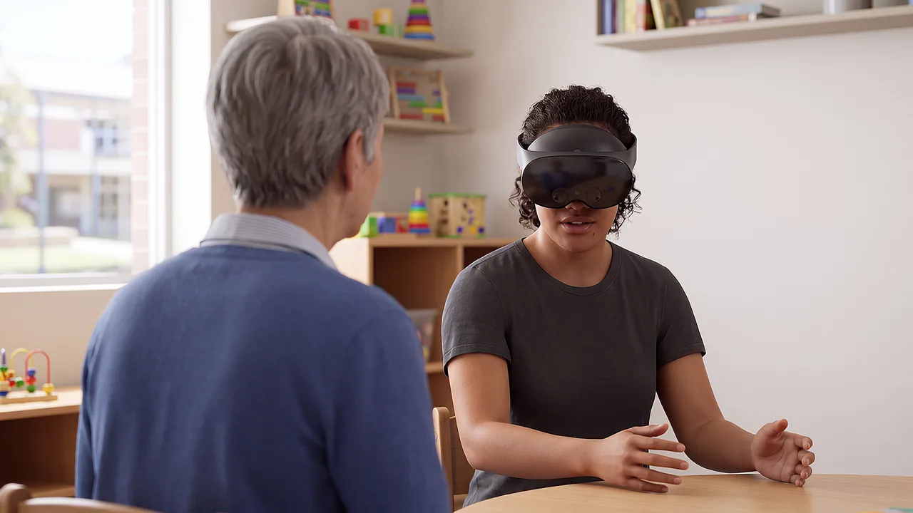 A student rehearses circle time with a mentor. A VR training scenario for education.