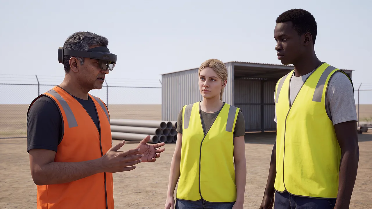A plumbing instructor briefs two trainees outside. A VR training scenario for education.