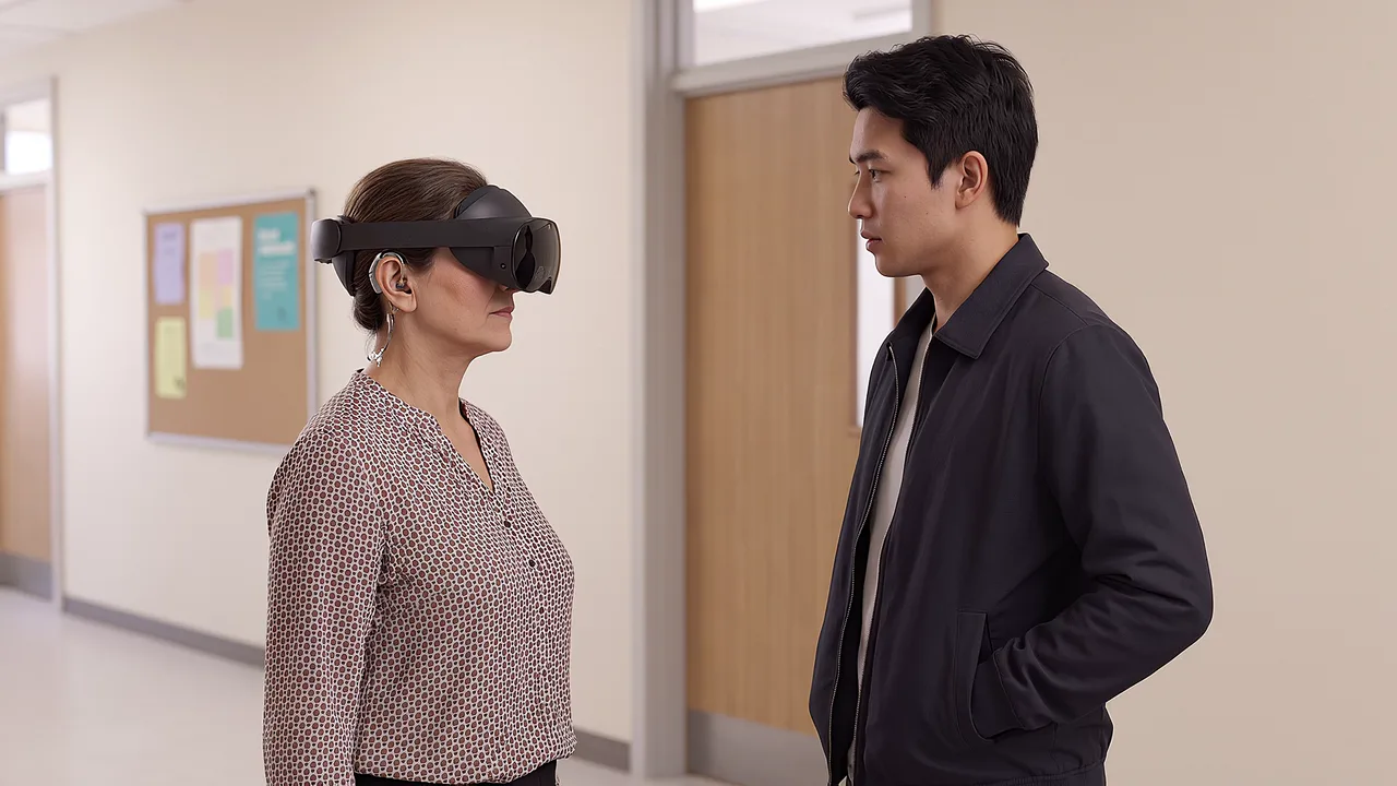 A VR education training scenario in which a mentor teacher who wears hearing aids talks with a junior teacher in a corridor.