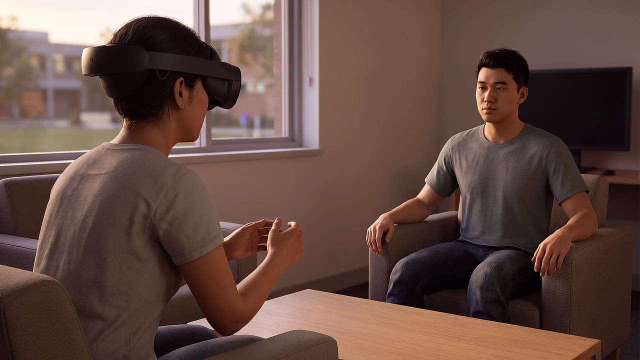 A coordinator talks with a new tutor. A VR training scenario for education.
