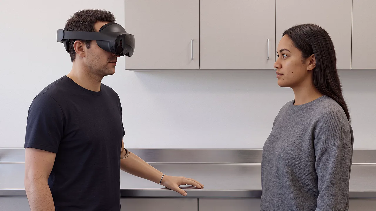 A prosthetic-armed supervisor talks with a research student. A VR training scenario for education.
