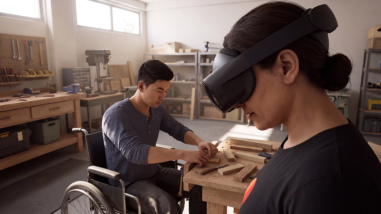 A VR education training scenario in which an apprentice works at a low bench while an instructor watches over his shoulder.
