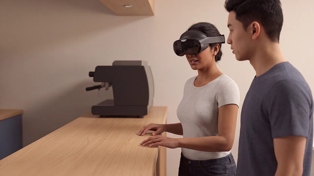 A cafe manager wearing a headset briefs a young barista at the counter, a VR workplace scenario.