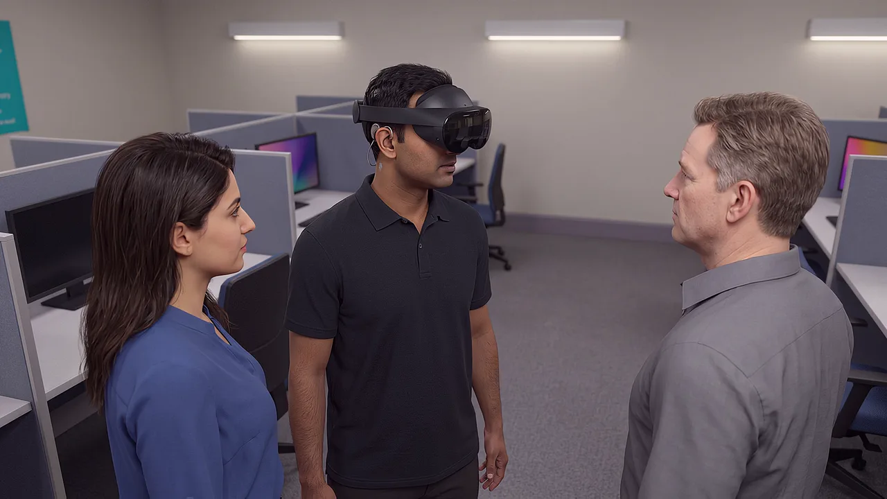 A team leader runs a short huddle. A VR training scenario for workplace and enterprise.