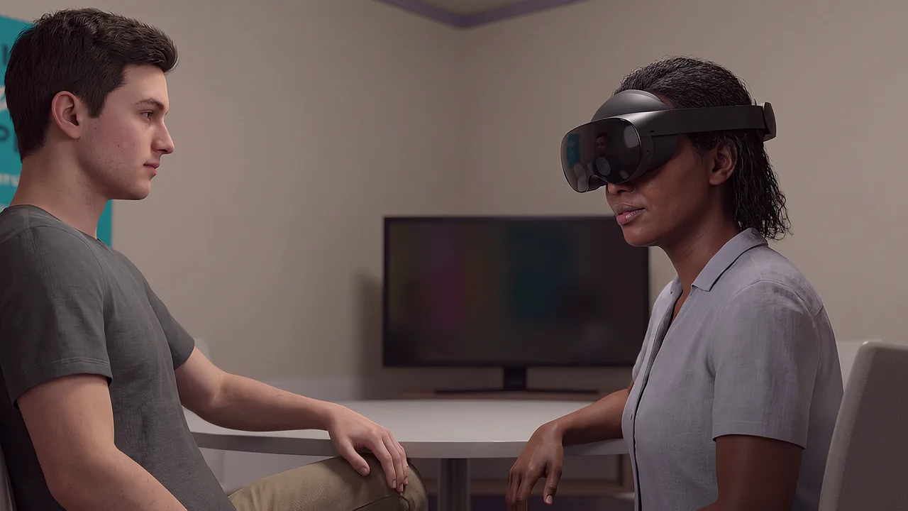 A team leader checks in with a colleague. A VR training scenario for workplace and enterprise.