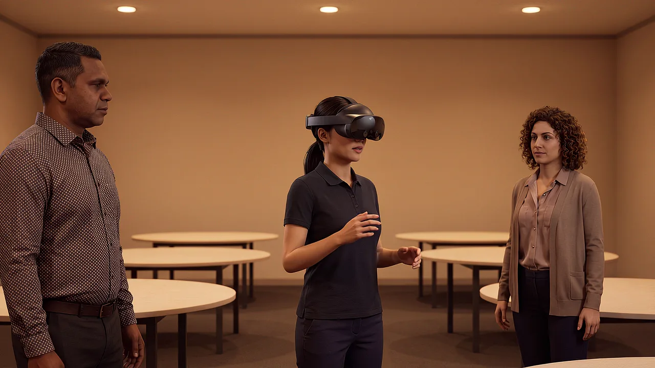 An events coordinator briefs two colleagues during setup. A VR training scenario for workplace and enterprise.