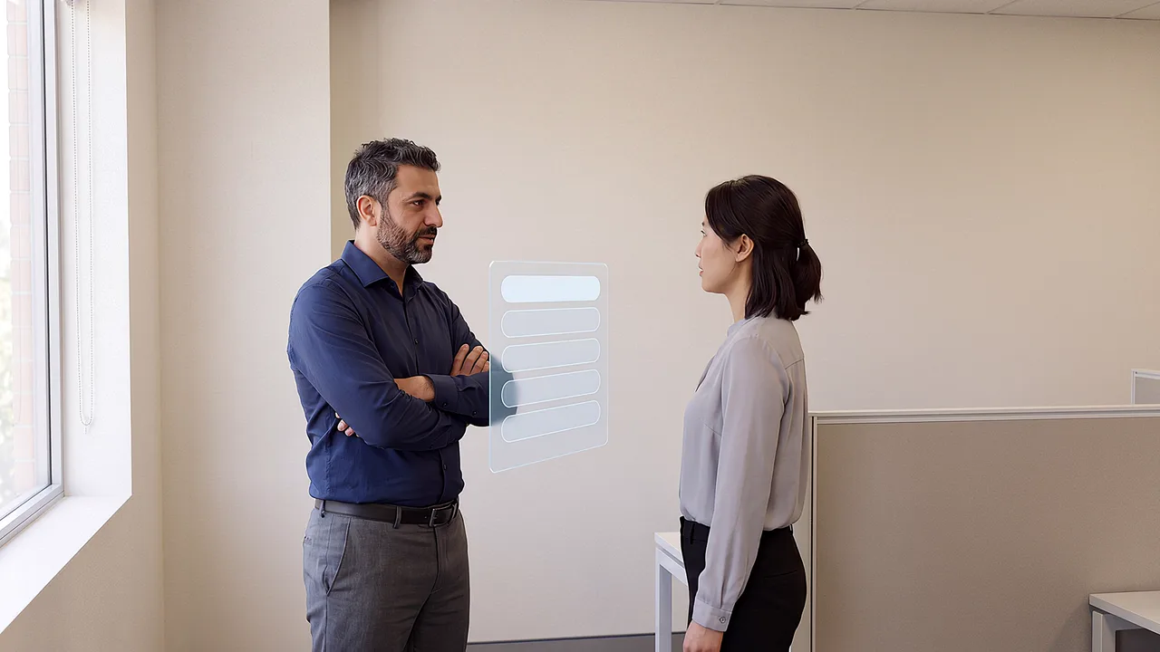 Two colleagues discuss new work amid open-plan desks, seen through the headset, a floating panel of replies between them.