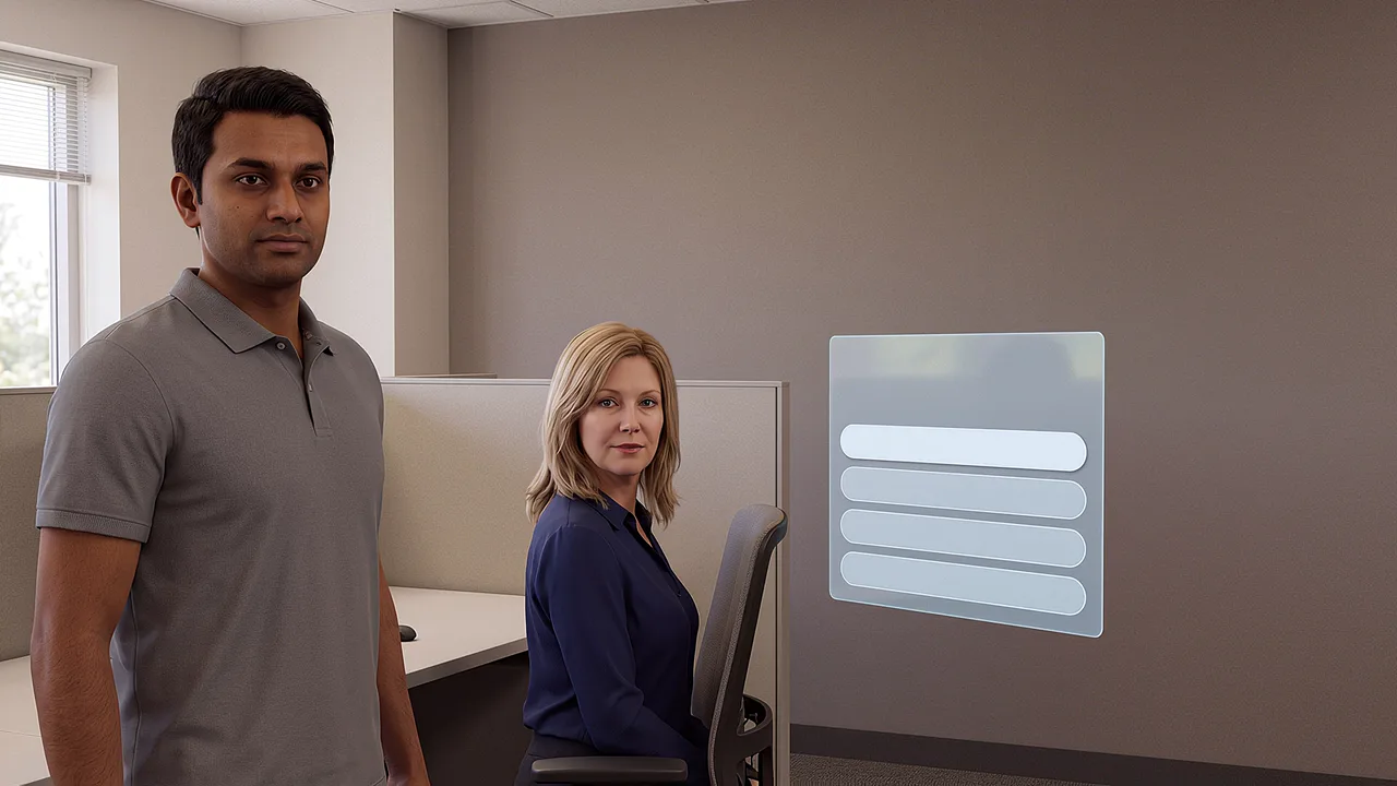 A seated manager addresses a nearby colleague. A first person VR training scenario for workplace and enterprise, seen through the headset.