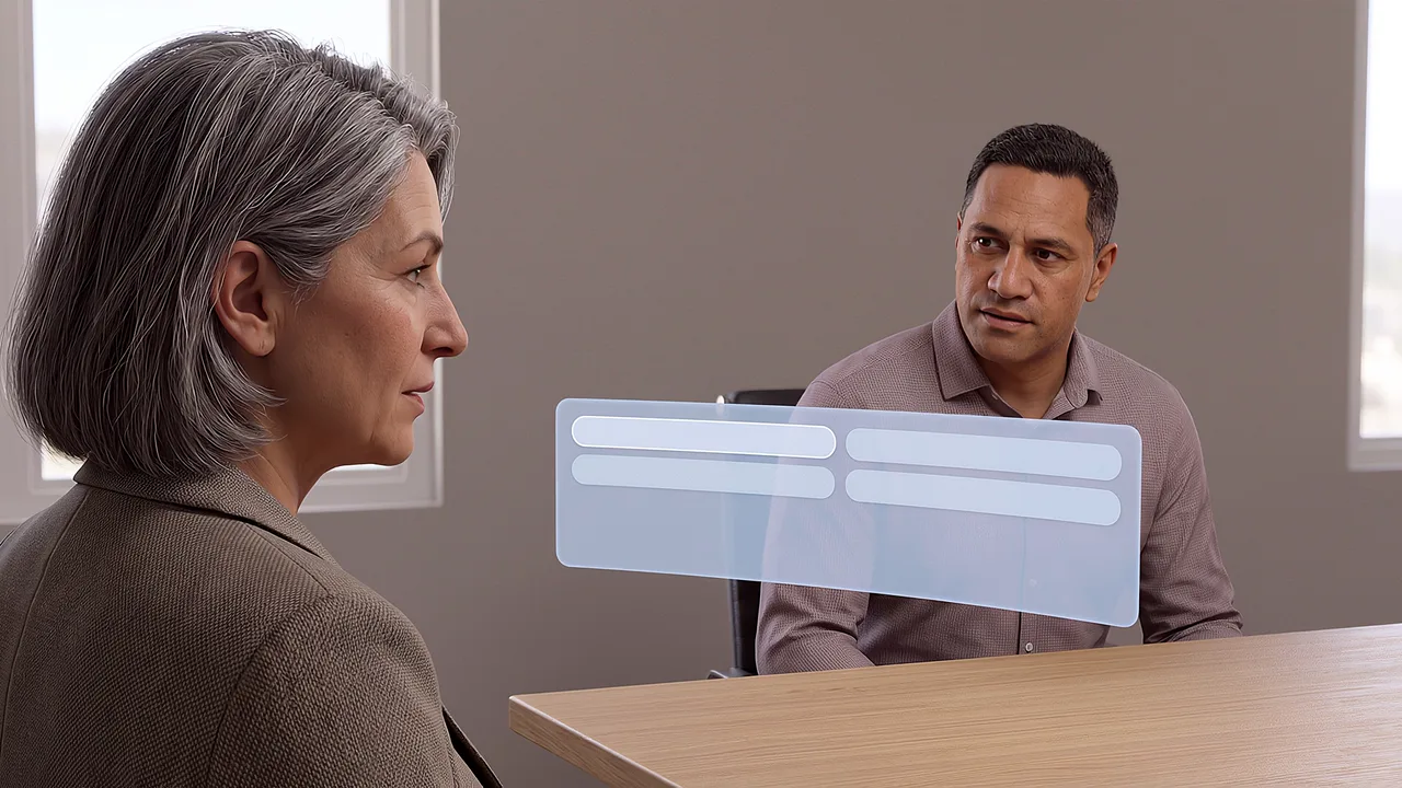 A leader confers with a colleague holding a mug in a plain office, a panel of choices floating beside them, seen through the headset.