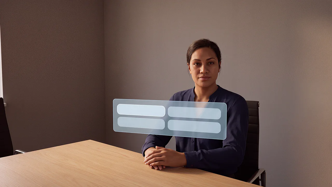 A team member waits for a review conversation. A first person VR training scenario for workplace and enterprise, seen through the headset.
