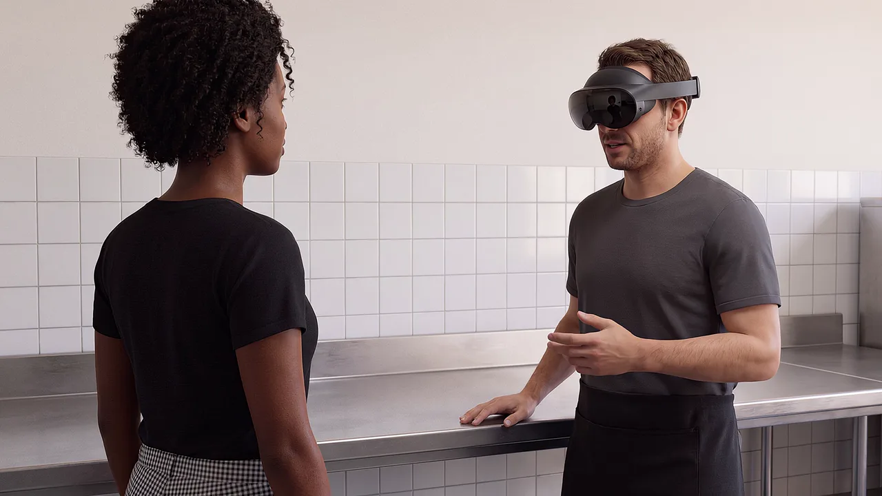 A head chef talks with a line cook. A VR training scenario for workplace and enterprise.