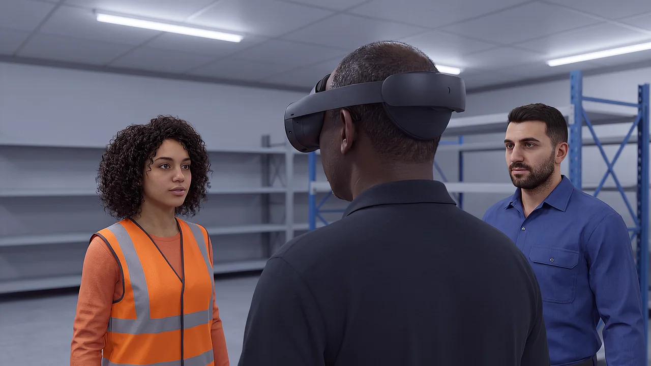 A safety officer briefs two new starters. A VR training scenario for workplace and enterprise.