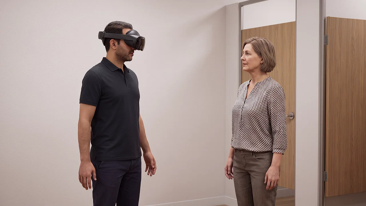 A duty manager listens to a retail customer. A VR training scenario for workplace and enterprise.