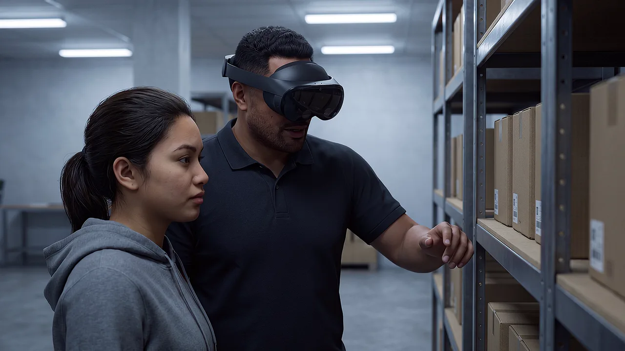 A stock supervisor discusses delivery with a colleague. A VR training scenario for workplace and enterprise.