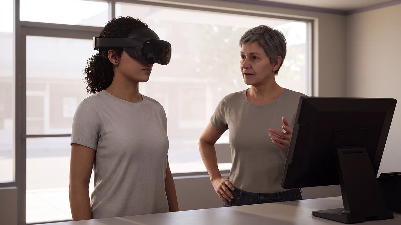 A supervisor talks a colleague through the till. A VR training scenario for workplace and enterprise.