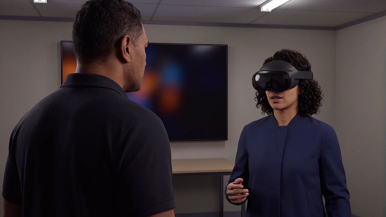 A readiness officer briefs a colleague. A VR training scenario for government and public sector.