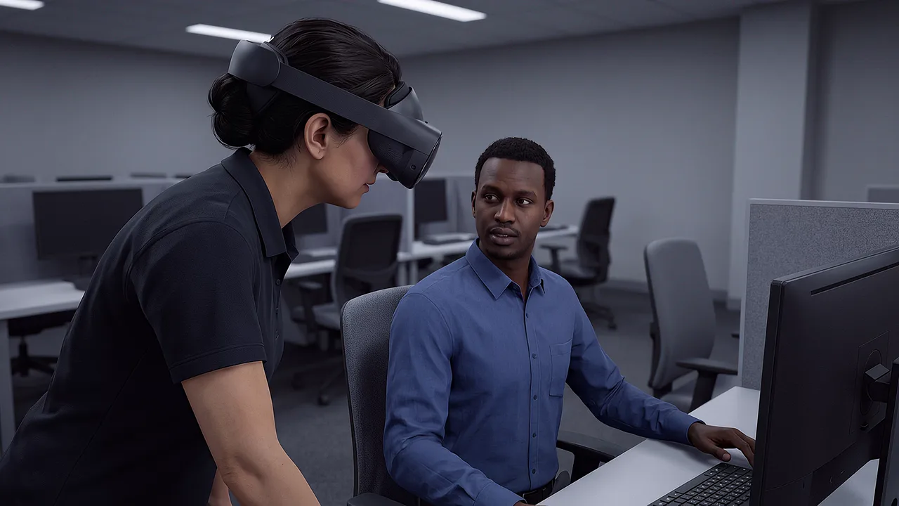 A supervisor wearing a headset leans in to check on a contact-centre officer seated at his desk.