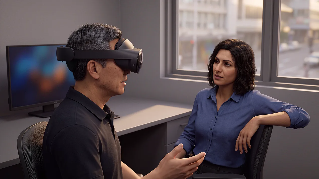 Two planners review a flood response plan. A VR training scenario for government and public sector.