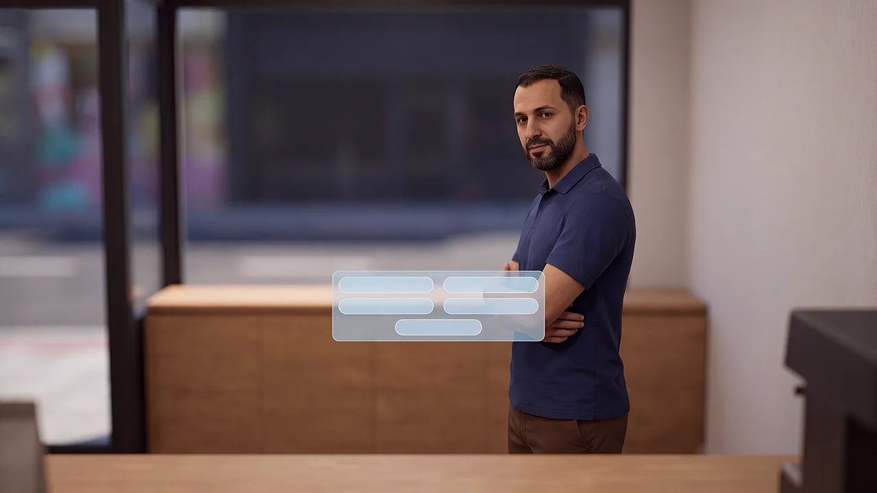 A cafe owner stands in his shopfront. A first person VR training scenario for government and public sector, seen through the headset.