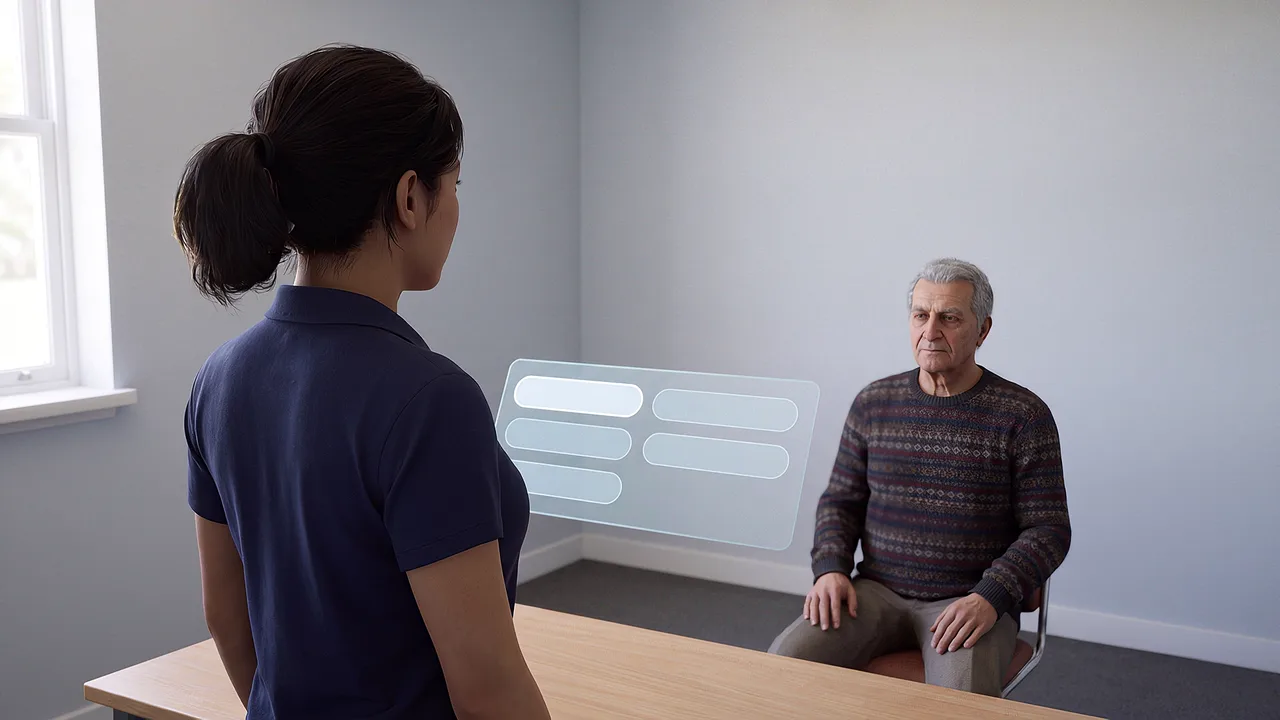An interpreter talks with an older resident. A first person VR training scenario for government and public sector, seen through the headset.