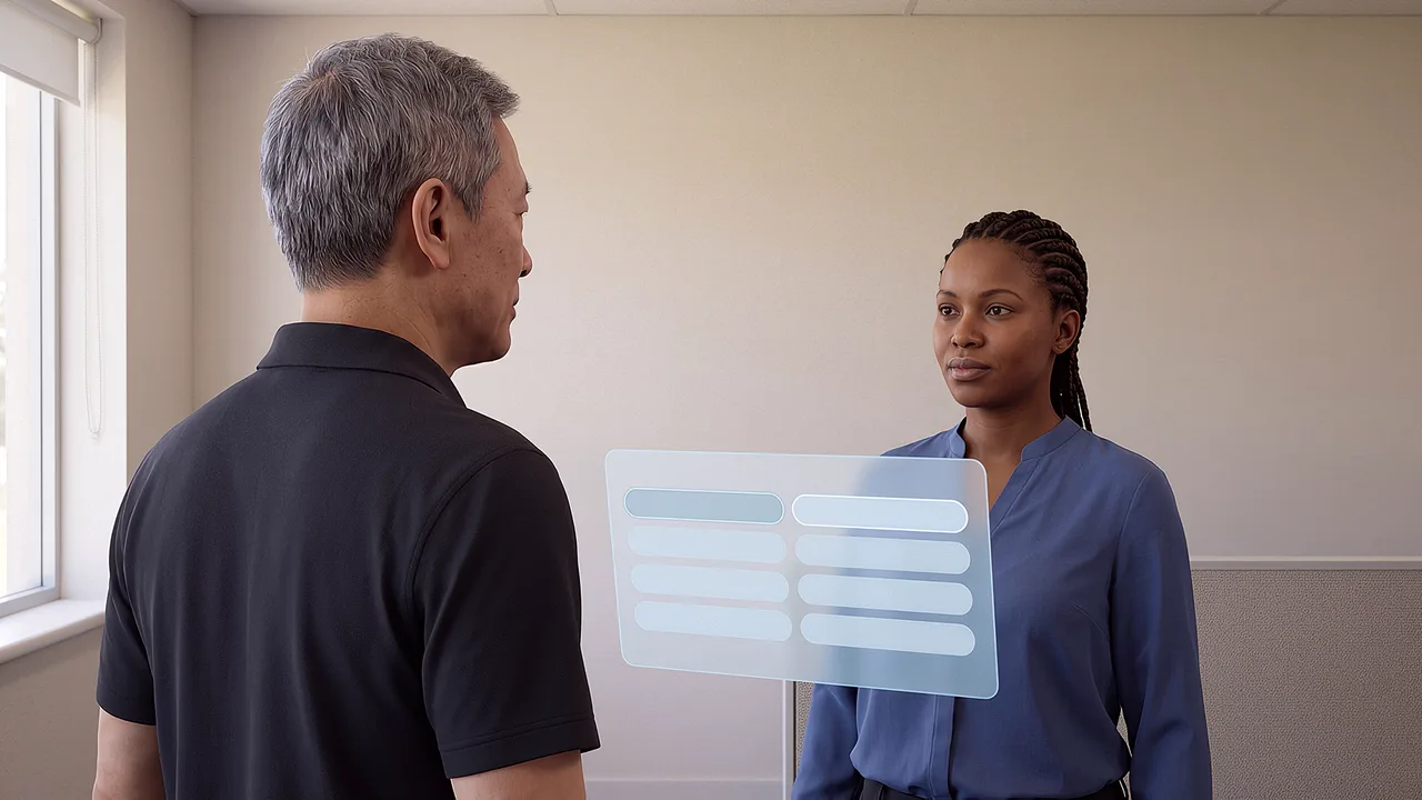 A resident speaks with an interpreter nearby. A first person VR training scenario for government and public sector, seen through the headset.