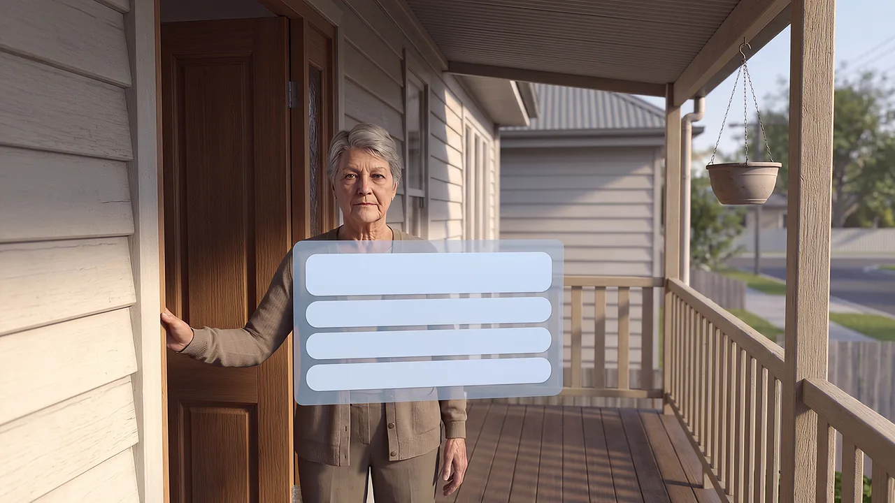An older woman waits in her doorway, seen through the headset from the footpath.