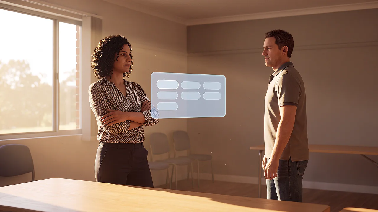 Two residents discuss planning in a community hall. A first person VR training scenario for government and public sector, seen through the headset.