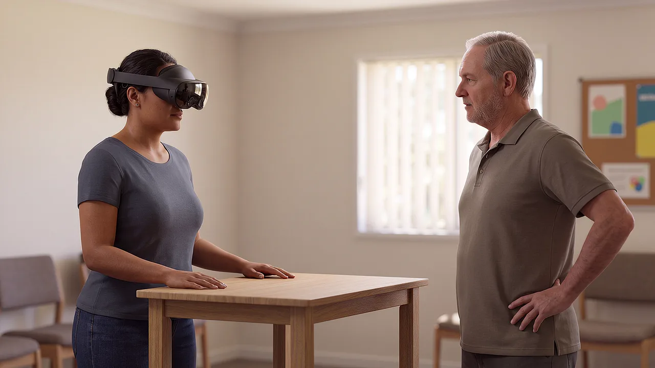 A planning officer talks with a resident. A VR training scenario for government and public sector.