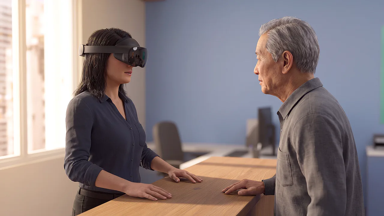 A council officer answers an older man's question. A VR training scenario for government and public sector.