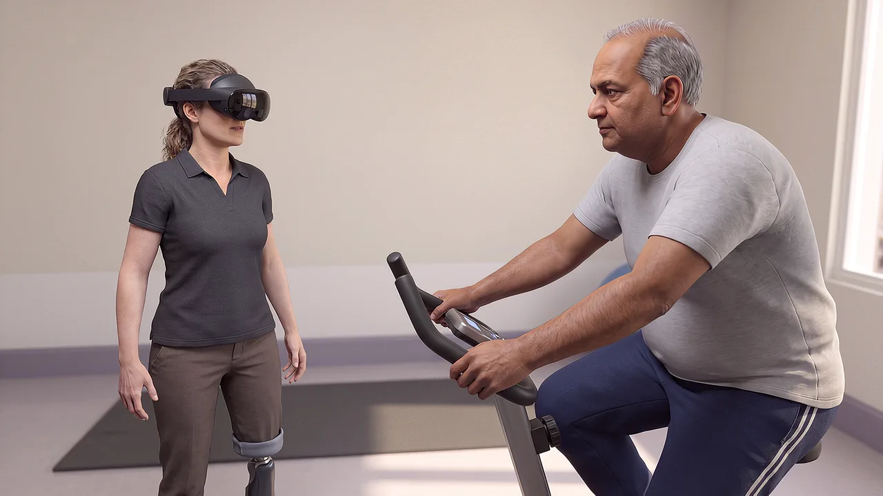 A prosthetic-legged physiotherapist stands beside an exercise-bike user. A VR training scenario for healthcare.