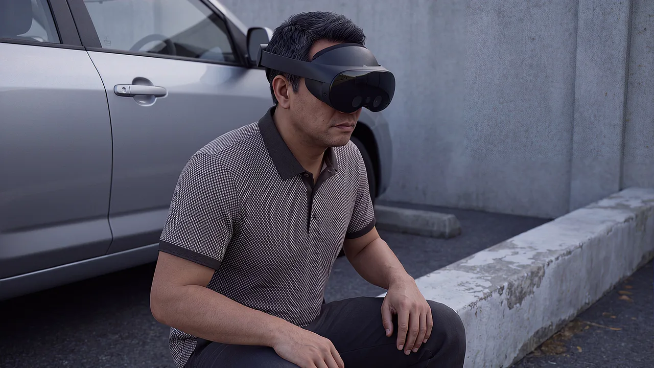 A community nurse sits alone in a carpark. A VR training scenario for healthcare.