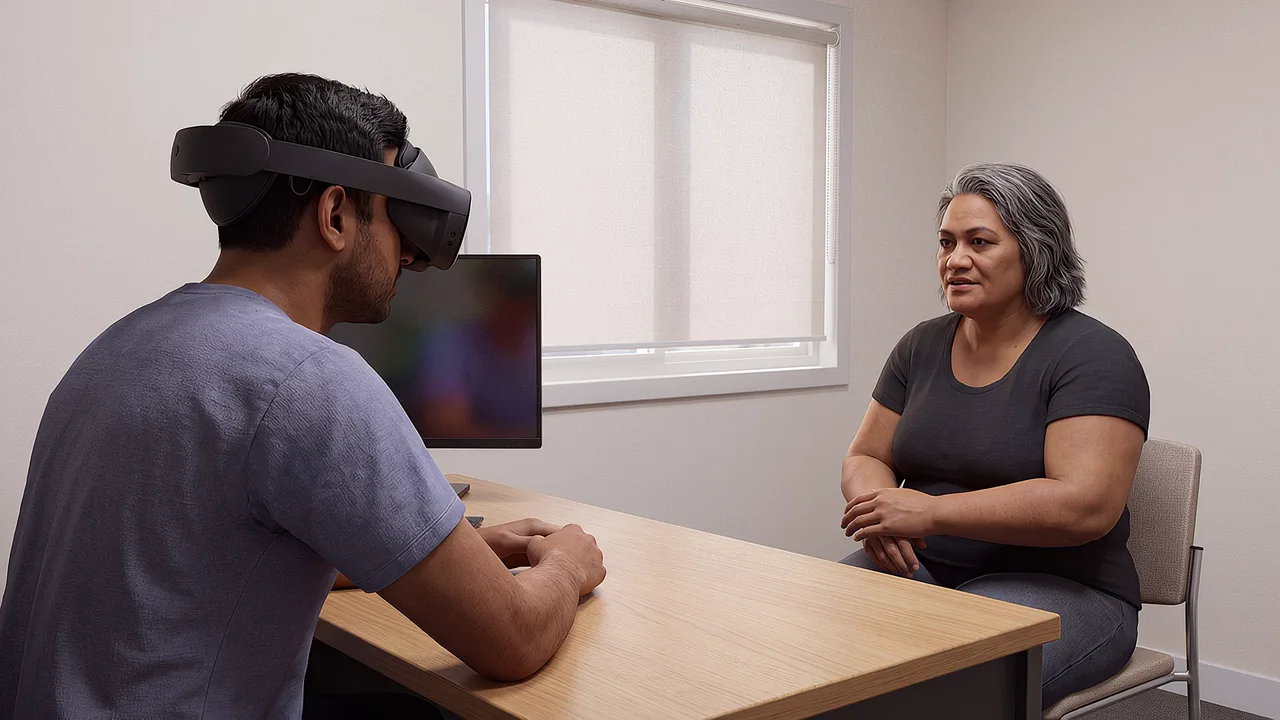 A dietitian leans toward a client. A VR training scenario for healthcare.