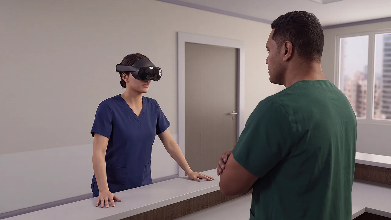 Two nurses discuss a handover at a ward station, one wearing a headset, a corridor behind them.