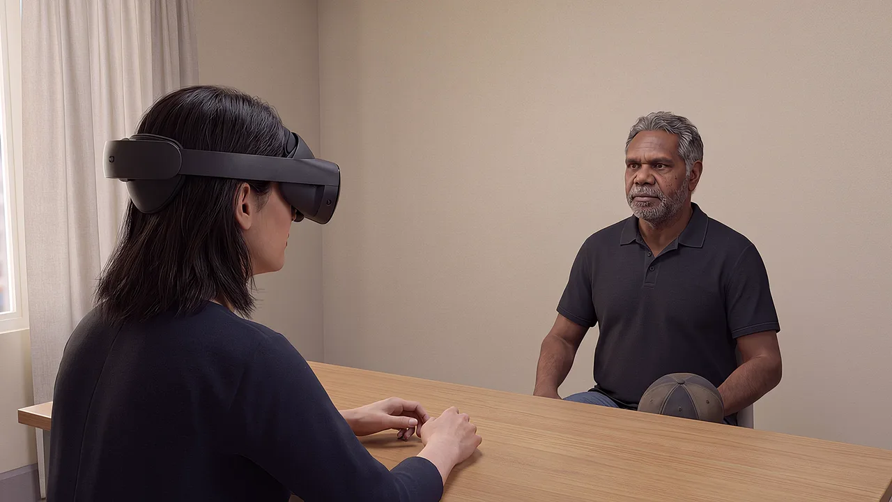A GP leans forward to welcome a patient across a consulting room desk, the GP wearing a headset.