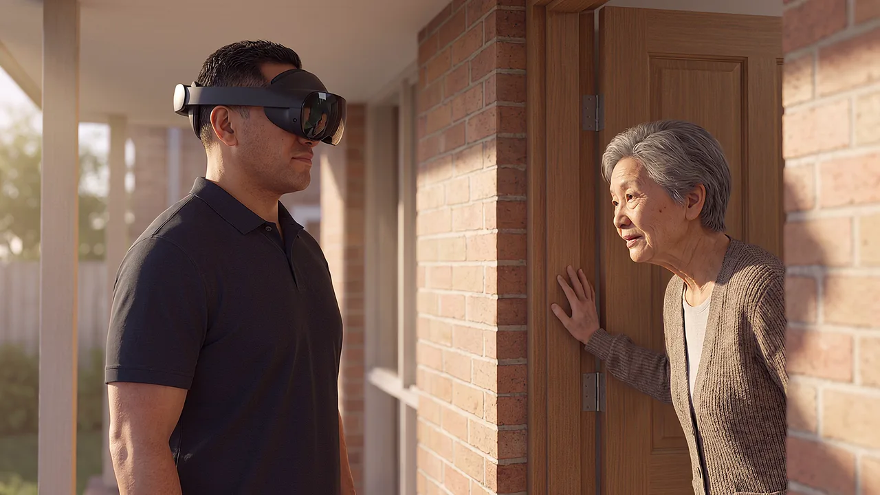 A community nurse greets an older woman. A VR training scenario for healthcare.