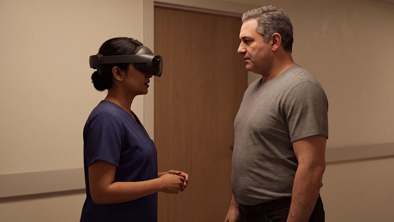 A consultant speaks with a family member in a hospital corridor, one of them wearing a headset.
