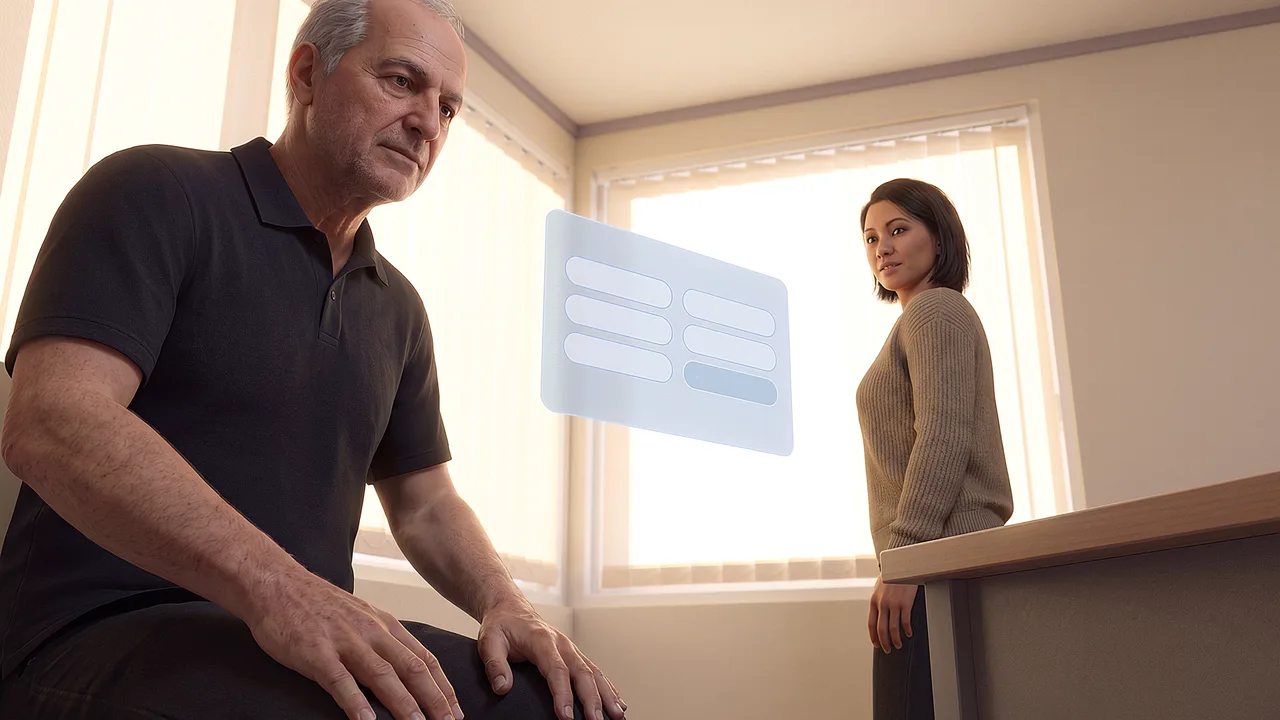 An older man attends a clinic with family. A first person VR training scenario for healthcare, seen through the headset.
