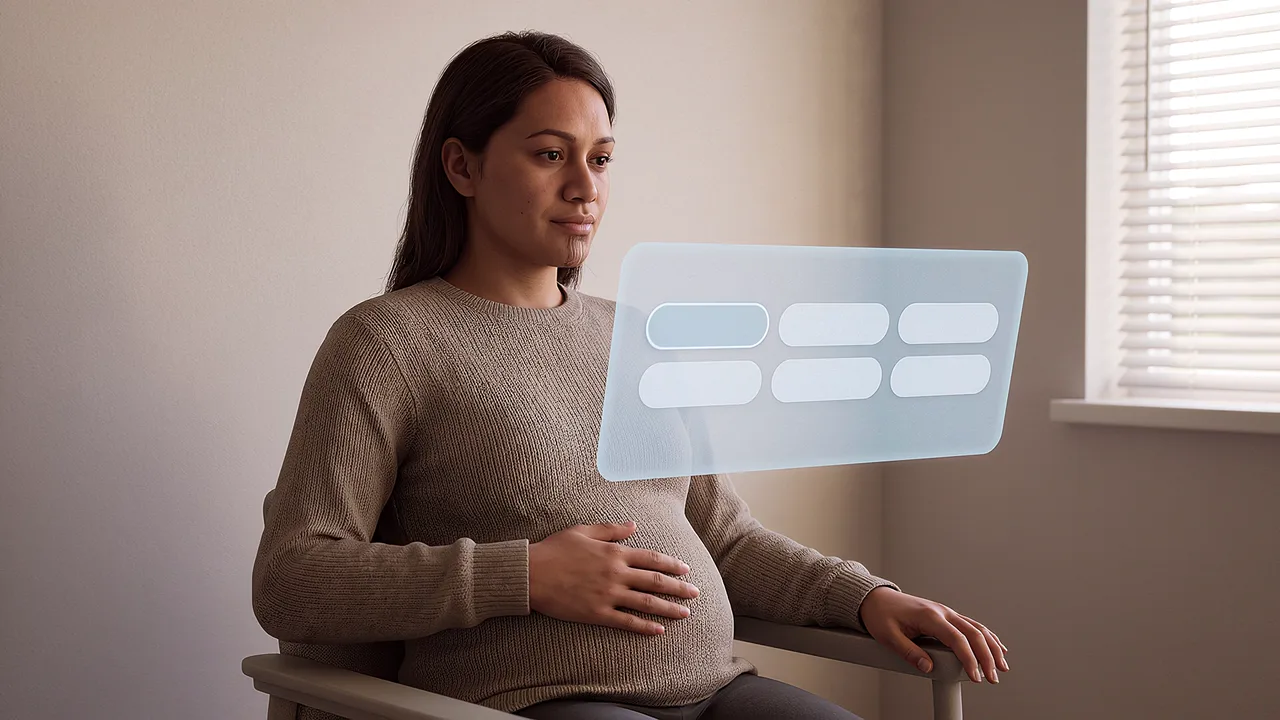 A pregnant woman attends a maternity checkup. A first person VR training scenario for healthcare, seen through the headset.