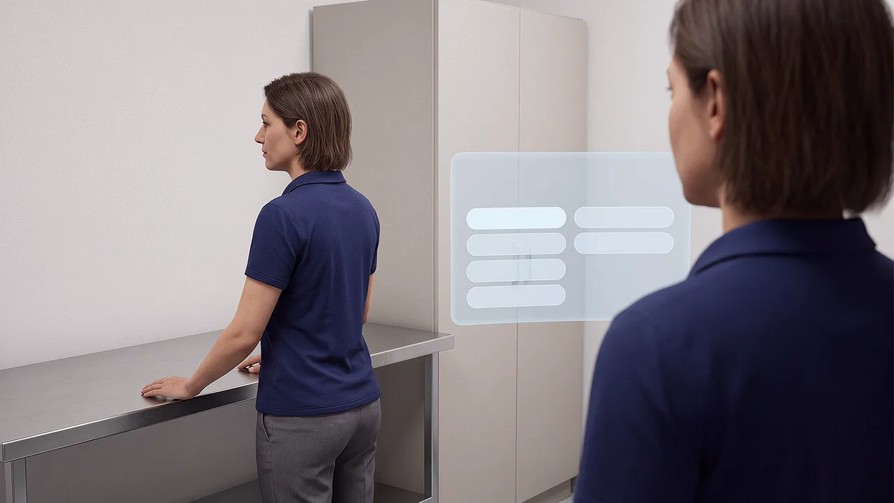 A pharmacist stands at the medication room bench. A first person VR training scenario for healthcare, seen through the headset.