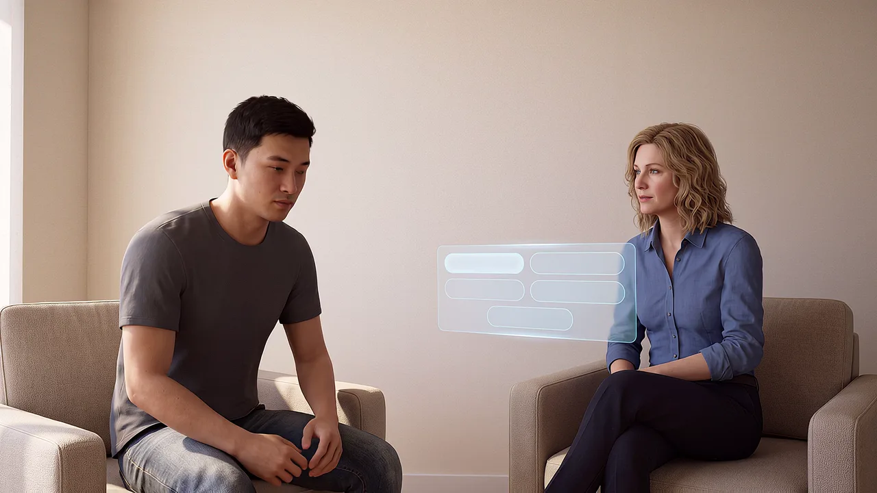 A support worker talks with a young man in a plain room, seen through the headset, a floating panel of replies beside them.