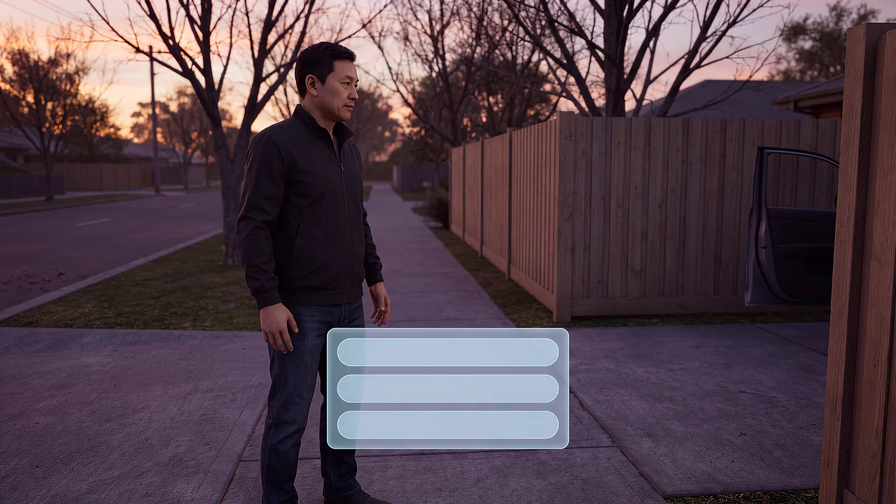 A man waits on the footpath. A first person VR training scenario for healthcare, seen through the headset.