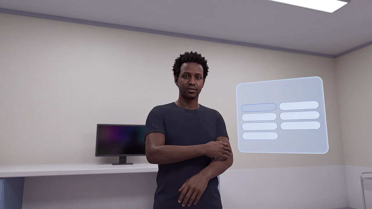 A man waits at the triage bay counter. A first person VR training scenario for healthcare, seen through the headset.