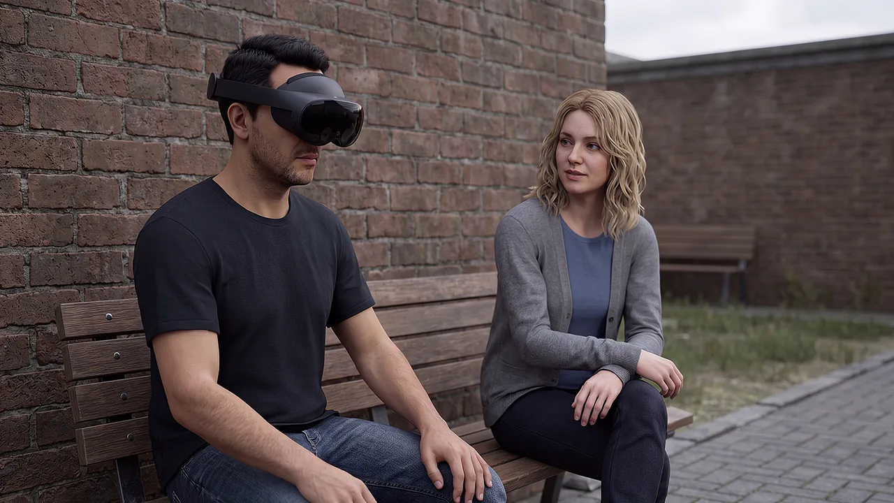 A clinician sits with a young woman outside. A VR training scenario for healthcare.