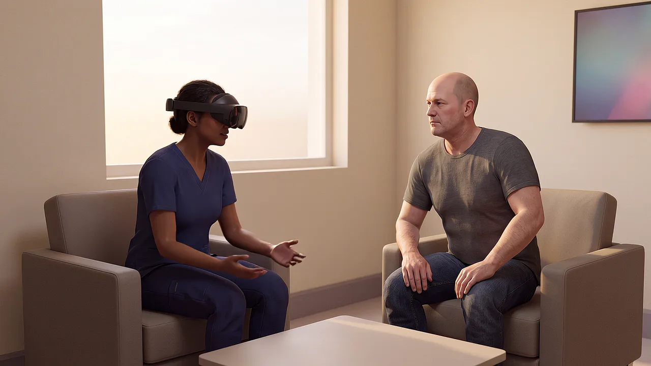A palliative care nurse talks with a visitor. A VR training scenario for healthcare.