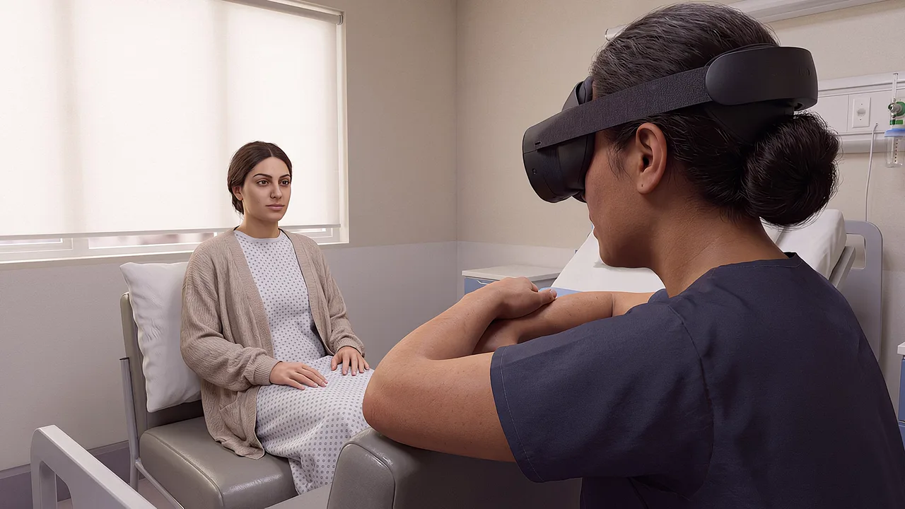 A midwife leans toward a new mother. A VR training scenario for healthcare.